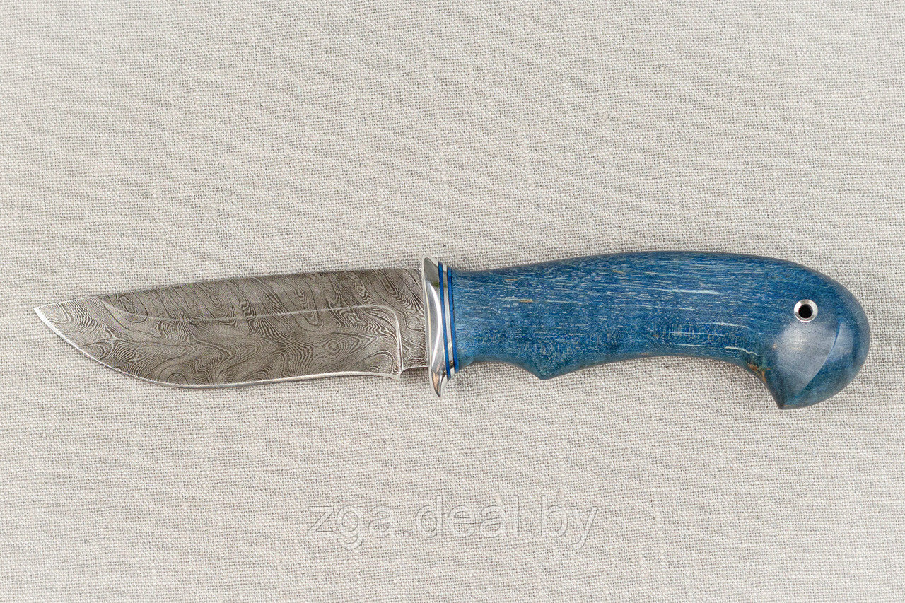 Охотничий нож Нерка, сталь дамаск, рукоять стабилизированная карельская береза синяя. Подарок мужчине. - фото 3 - id-p199243973