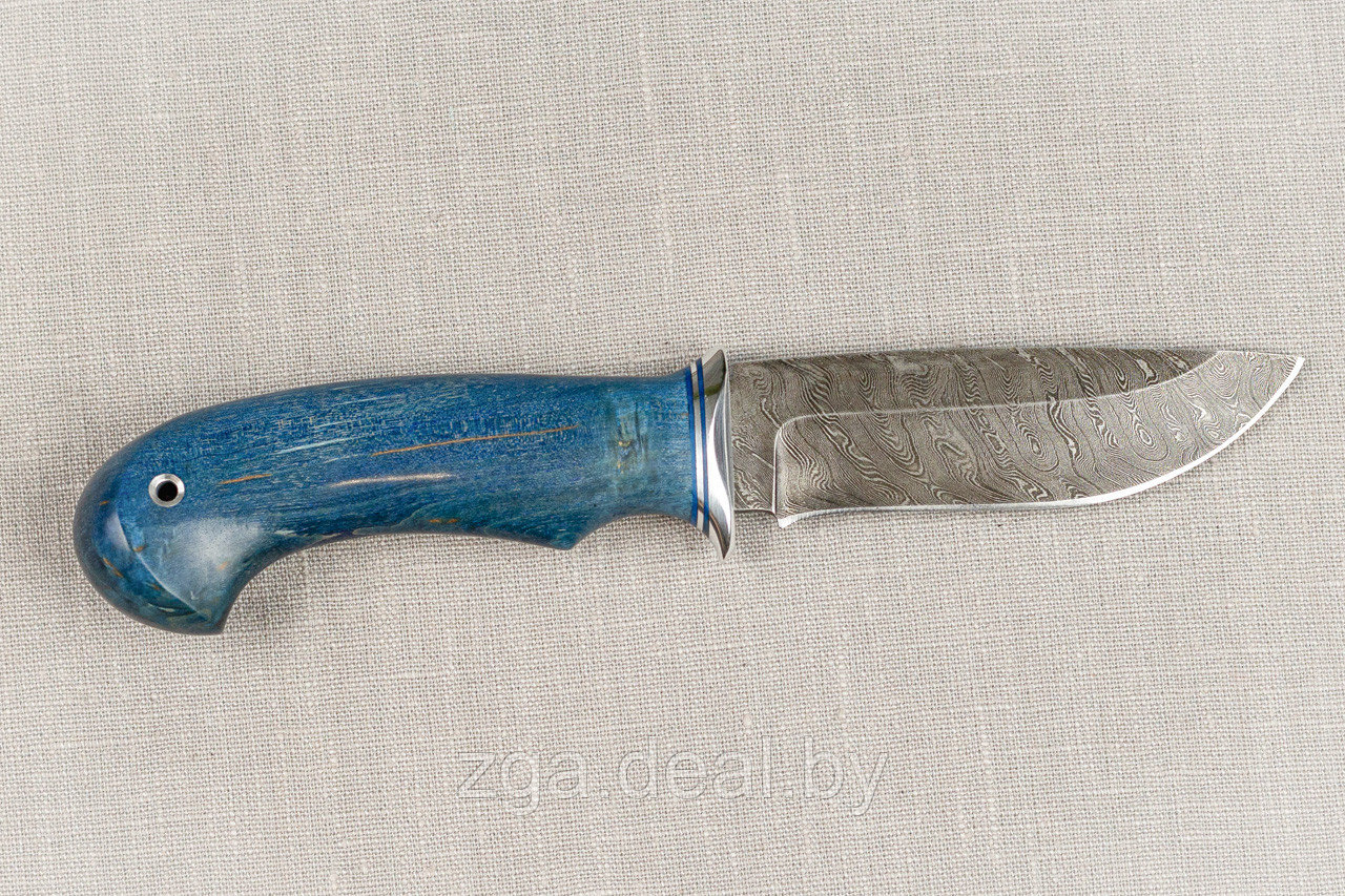Охотничий нож Нерка, сталь дамаск, рукоять стабилизированная карельская береза синяя. Подарок мужчине. - фото 4 - id-p199243973