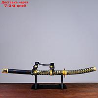 Сувенирное оружие "Катана на подставке", чёрные ножны, бежево коричневая обмотка, 78см
