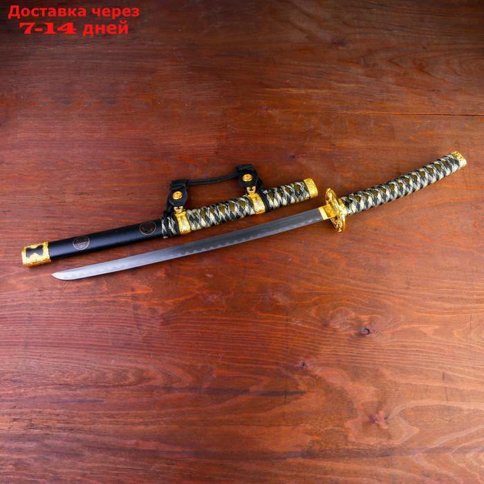 Сувенирное оружие "Катана на подставке", чёрные ножны, бежево коричневая обмотка, 78см - фото 2 - id-p209304493