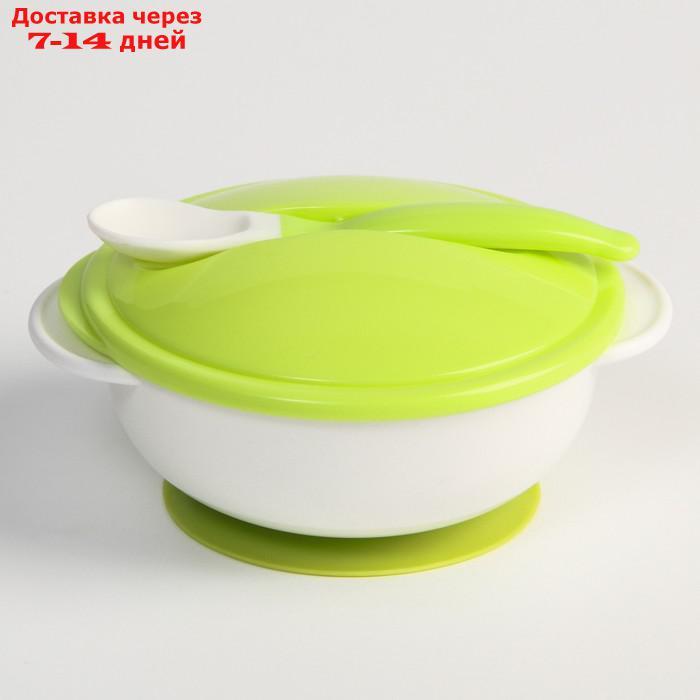 Набор для кормления: миска на присоске с крышкой, ложка, цвет белый/зеленый - фото 1 - id-p209297972