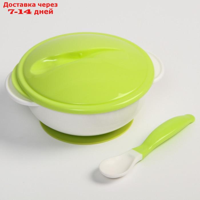Набор для кормления: миска на присоске с крышкой, ложка, цвет белый/зеленый - фото 2 - id-p209297972