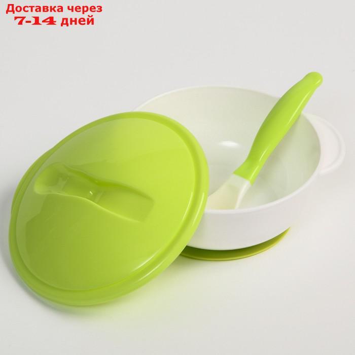 Набор для кормления: миска на присоске с крышкой, ложка, цвет белый/зеленый - фото 3 - id-p209297972