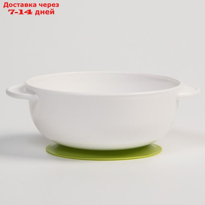 Набор для кормления: миска на присоске с крышкой, ложка, цвет белый/зеленый - фото 4 - id-p209297972