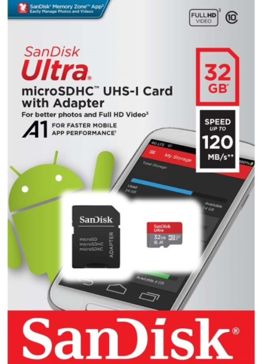 Карта памяти MicroSD 32GB - SanDisk Ultra, класс 10, UHS-I, A1, скорость: 120 Mb/s + адаптер - фото 1 - id-p209562768