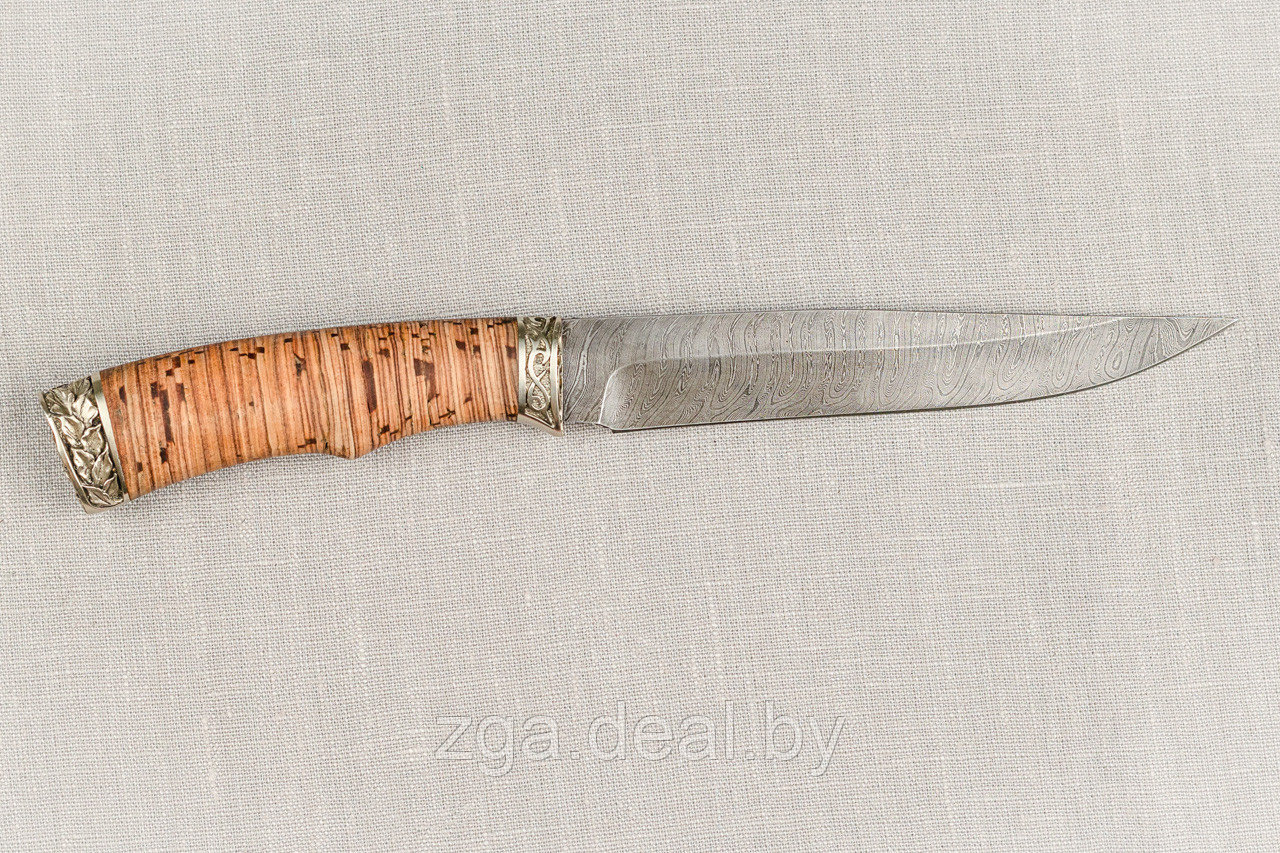 Охотничий нож из дамасской стали «Анчар», рукоять литье мельхиор, береста. - фото 3 - id-p199614257