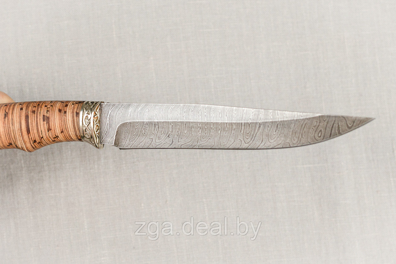 Охотничий нож из дамасской стали «Анчар», рукоять литье мельхиор, береста. - фото 4 - id-p199614257