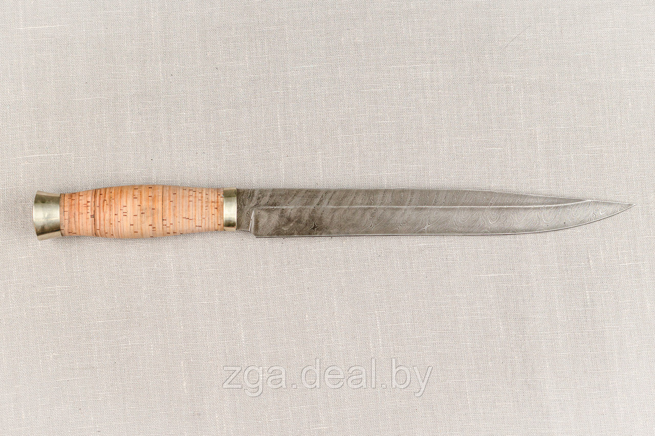 Охотничий нож из дамасской стали «Фараон», рукоять литье мельхиор, береста. Подарок мужчине. - фото 5 - id-p199614194