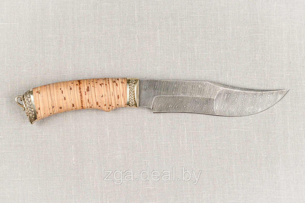 Охотничий нож из дамасской стали «Муромец», рукоять литье мельхиор, береста. Лучший подарок мужчине. - фото 4 - id-p199614199