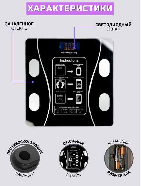 Весы напольные электронные умные стеклянные смарт-весы - фото 2 - id-p209657810