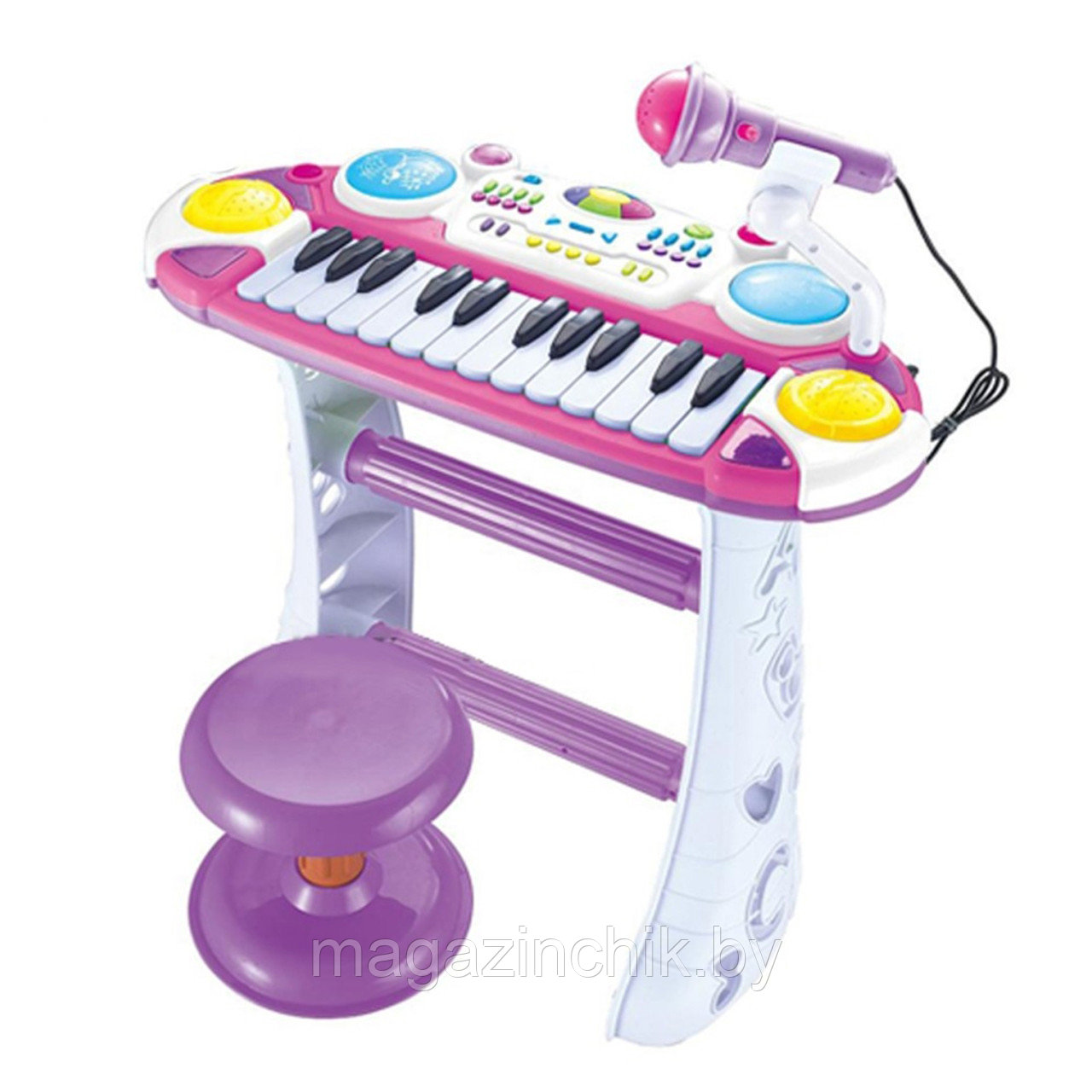 Детский синтезатор (пианино) Joy Toy 7235 с микрофоном, стульчиком, светом и звуком, сиреневый - фото 1 - id-p29755382