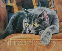 Алмазная мозаика 30х40 "Серый кот", на подрамнике с рамой
