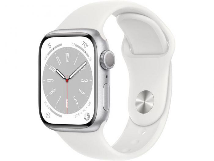 APPLE Watch Series 8 GPS 41mm Silver Aluminum Case with White Sport Band - M/L MP6M3 - фото 1 - id-p207382078