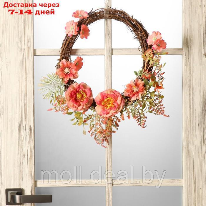 Венок на дверь интерьерный "Пионы и листья папоротника" 35х7х40 см - фото 1 - id-p209759852