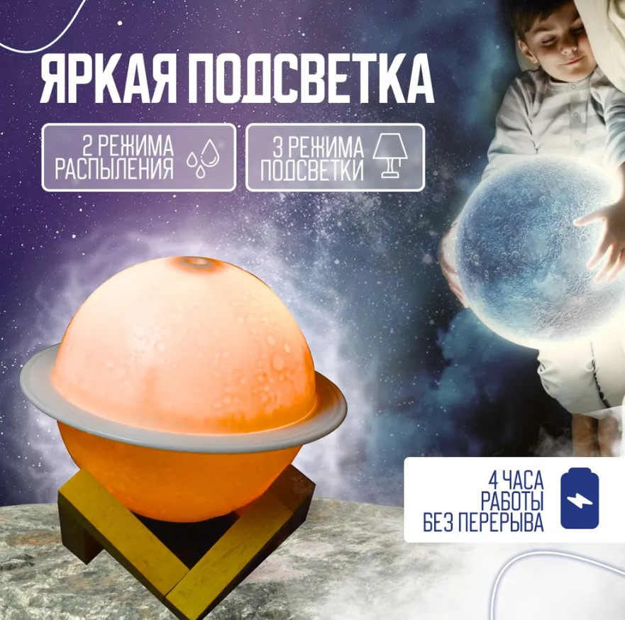 Увлажнитель (аромадиффузор) воздуха "Планета" на подставке USB Jupiter Humidifier с функцией ночника 200 ml - фото 10 - id-p125735288