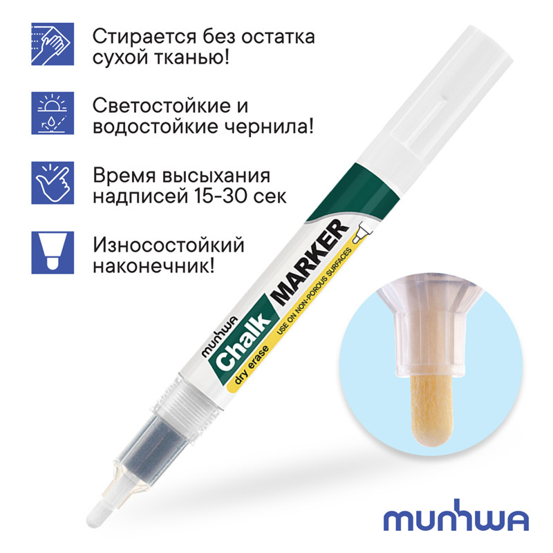 Маркер меловой MunHwa "Chalk Marker" белый, 3мм, спиртовая основа, пакет CM-05 - фото 2 - id-p209920937