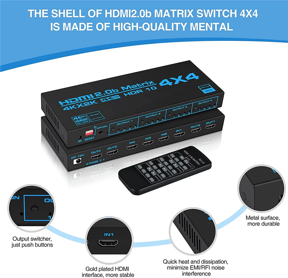 Матричный коммутатор - свитч-сплиттер 4×4 HDMI2.0 4K 3D, RS232, пульт, черный 556183 - фото 4 - id-p193238853