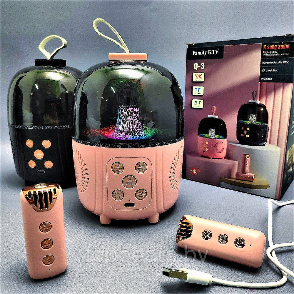 Беспроводная караоке система с двумя микрофонами Family KTV Q-3 с подсветкой Розовый - фото 3 - id-p209927302
