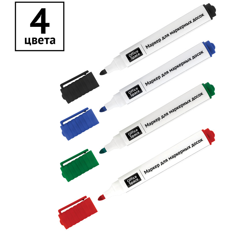 Набор маркеров для белых досок OfficeSpace 04цв., пулевидный, 3мм, чехол с европодвесом WBM4_85457 - фото 2 - id-p209986716