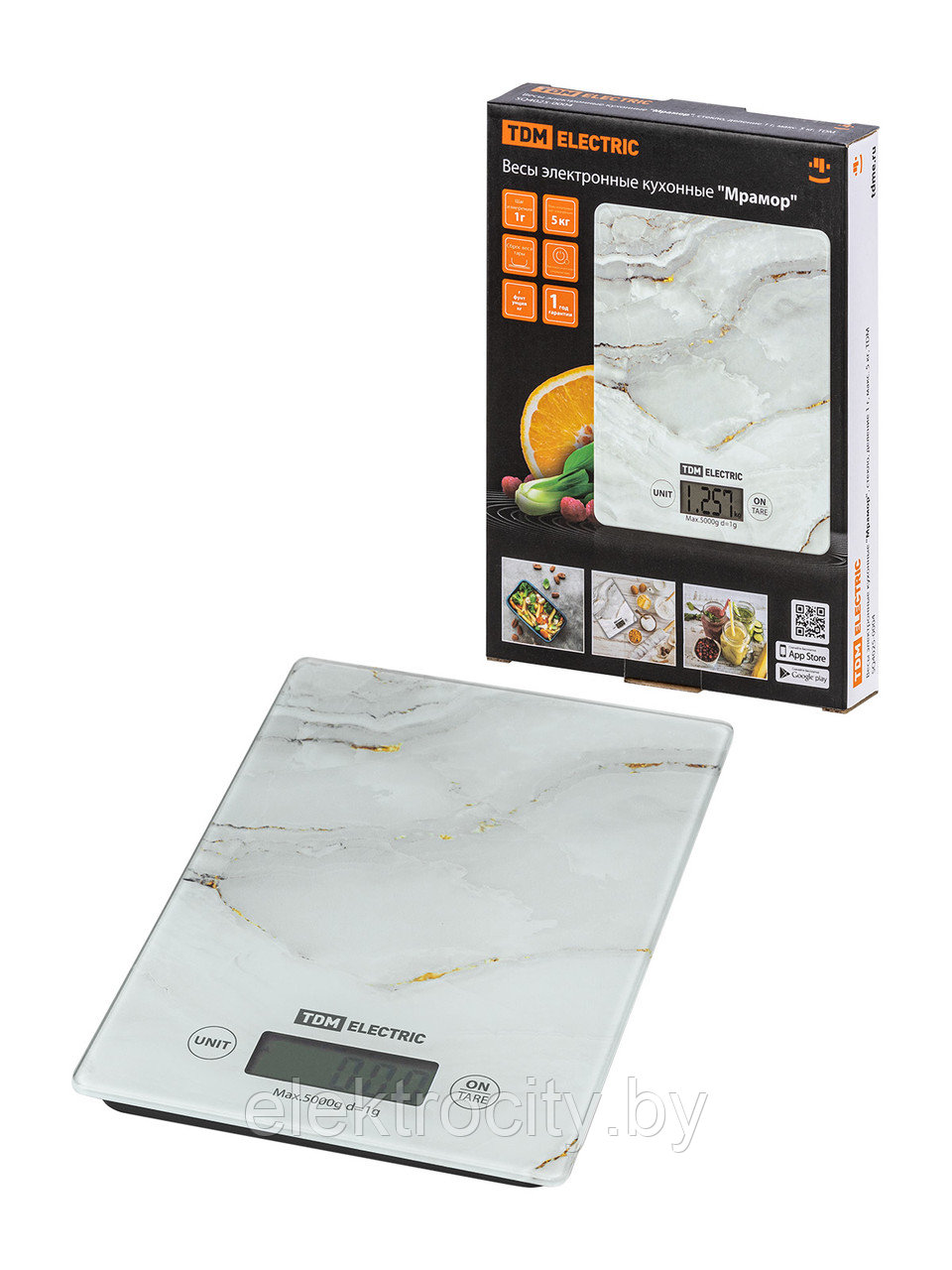 Весы электронные кухонные "Мрамор", стекло, деление 1 г, макс. 5 кг, TDM - фото 1 - id-p210020363