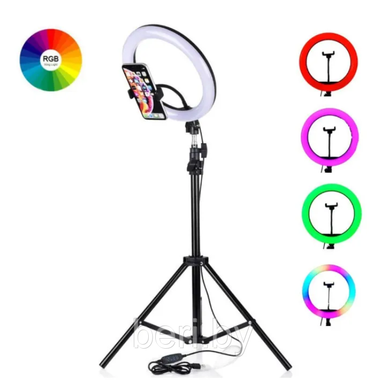 MJ33 Кольцевая лампа, RGB (цветная), LED, 33 см, с металлическим штативом - фото 2 - id-p210051824