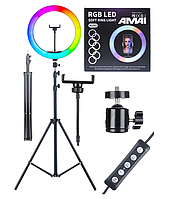 Кольцевая лампа, RGB (цветная),  LED, 33 см, со штативом MJ33