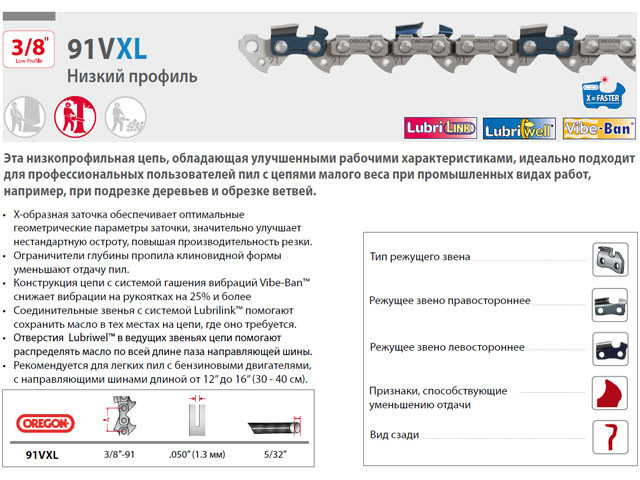 Цепь 35 см 14" 3/8" LP 1.3 мм 52 зв. 91VXL (2 шт в блистере) OREGON (затачиваются напильником 4.0 мм, для - фото 1 - id-p210101381