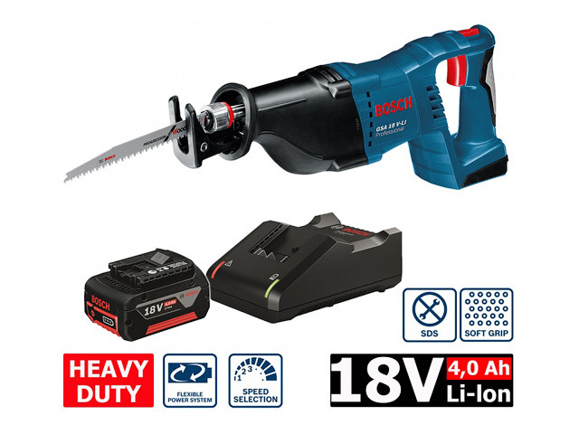 Аккум. сабельная пила BOSCH GSA 18V-LI в кор. (18.0 В, 1 акк., 4.0 А/ч, Li-Ion, дерево до 250 мм, металл до 20 - фото 1 - id-p210103315