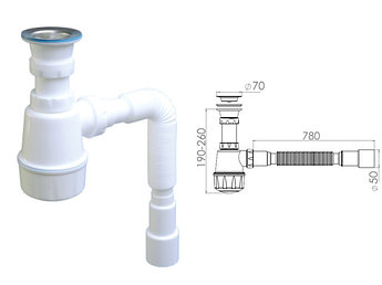 Сифон для кухни с прикручивающимся выпуском 70мм,  с гибкой трубой 1 1/2" - 40/50мм, AV Engineering