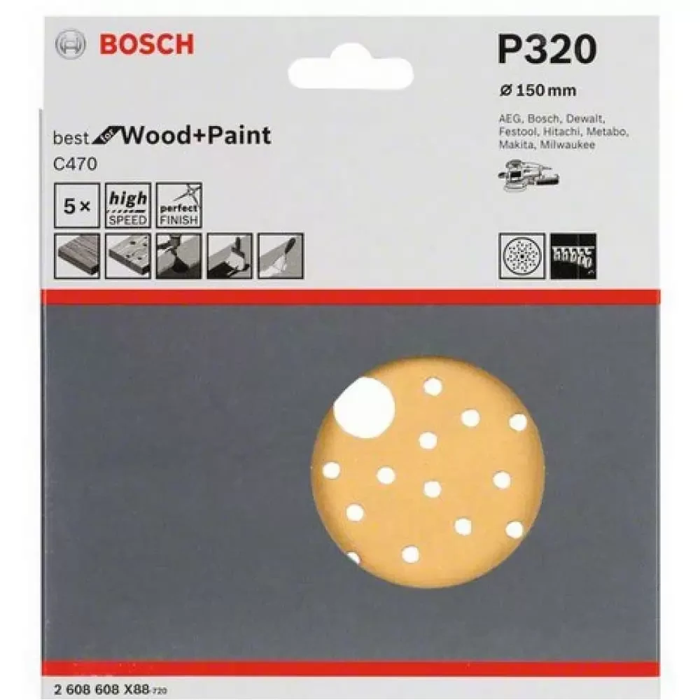 Шлифкруг 150 мм BOSCH 5 шлифлистов Best for Wood+Paint Multihole Ø K320