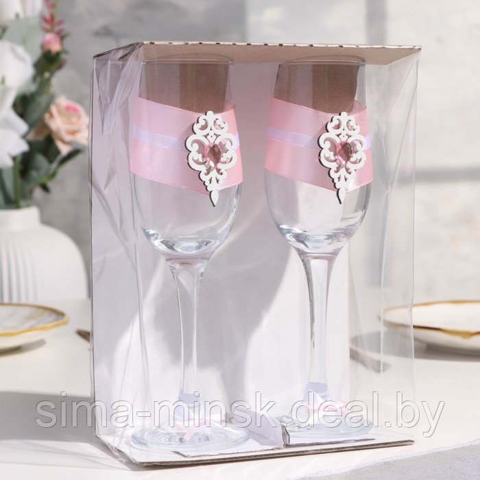Набор свадебных бокалов "Прага", ручной работы, белый - розовый пастель, 6х6х20,5 см, 2 шт. - фото 4 - id-p210193606