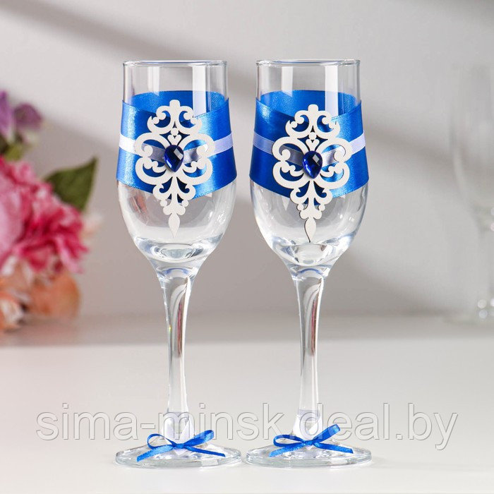 Набор свадебных бокалов "Прага", ручной работы, белый-синий, 6х6х20,5 см, 2 шт. - фото 5 - id-p210193607