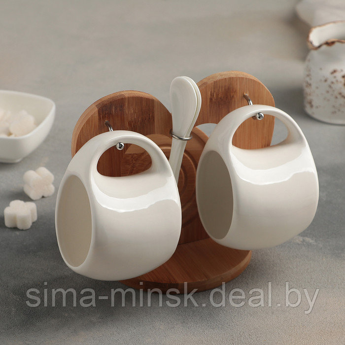 Набор чайный керамический на деревянной подставке «Эстет», 6 предметов: 2 чашки 200 мл, 2 подставки 9,5 см, 2 - фото 1 - id-p210192081