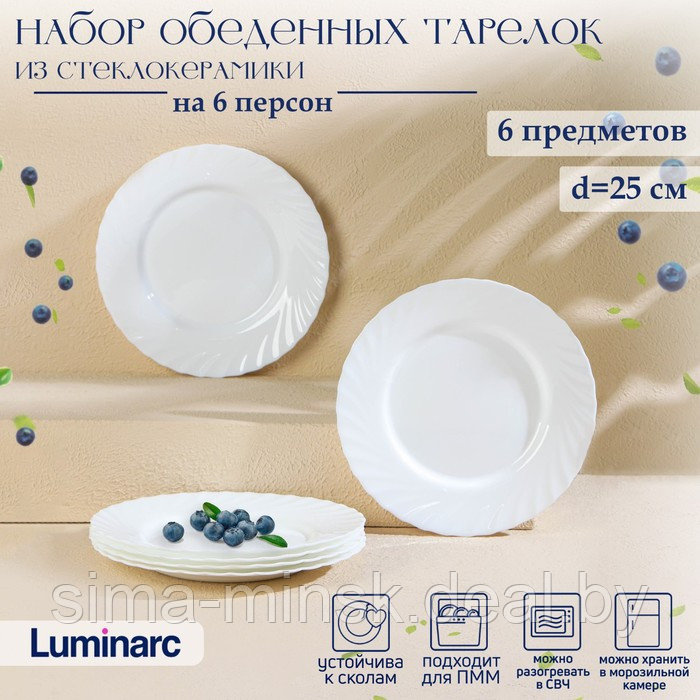Набор обеденных тарелок Luminarc TRIANON, d=25 см, стеклокерамика, 6 шт, цвет белый - фото 1 - id-p210194469