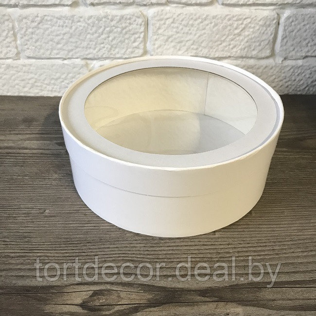 Коробка круглая (шляпная ) с окном d 20 см h 7 см, цвет белый - фото 1 - id-p210196133