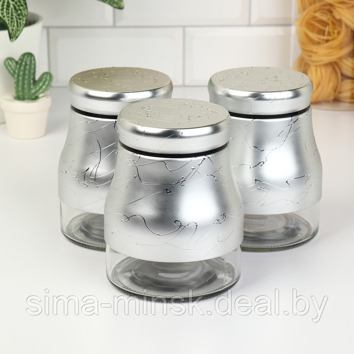 Набор банок стеклянных для сыпучих продуктов «Мрамор», 850 мл, 11,5×14,5 см, 3 шт, цвет серебряный - фото 2 - id-p210194597