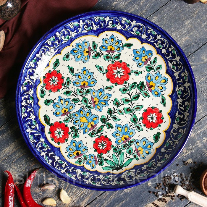 Ляган Риштанская Керамика "Цветы", 37 см, синий - фото 8 - id-p210192536
