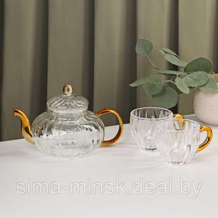Набор чайный из стекла «Диана в золотом», 3 предмета: чайник 550 м, 2 кружки 150 мл - фото 1 - id-p210194126
