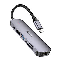 USB-хаб HOCO HB28 Type-C - USB-A / HDMI / Type-C / microSD / SD серебристый