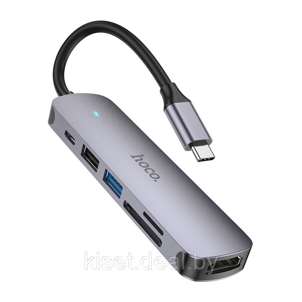 USB-хаб HOCO HB28 Type-C - USB-A / HDMI / Type-C / microSD / SD серебристый - фото 1 - id-p210205359