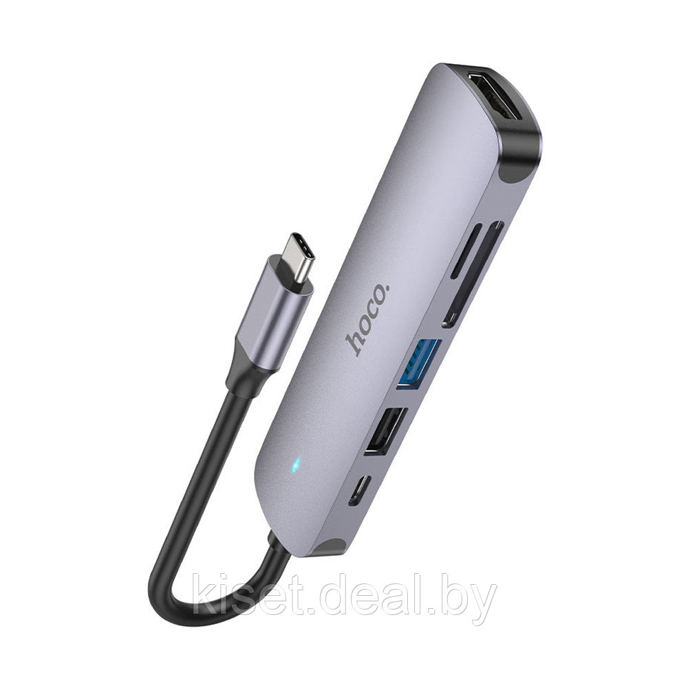 USB-хаб HOCO HB28 Type-C - USB-A / HDMI / Type-C / microSD / SD серебристый - фото 2 - id-p210205359