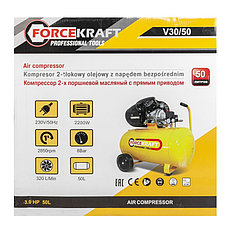 Компрессор 2-х поршневой с прямым приводом (ресивер 50л, 8 бар, 320л/м, 2200W, 230V) FORCEKRAFT FK-V30/50, фото 3