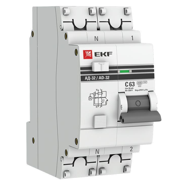 Дифференциальный автомат АД-32 1P+N 63А/30мА (хар. C, AC, электронный, защита 270В) 4.5кА EKF PROxim - фото 1 - id-p210274748