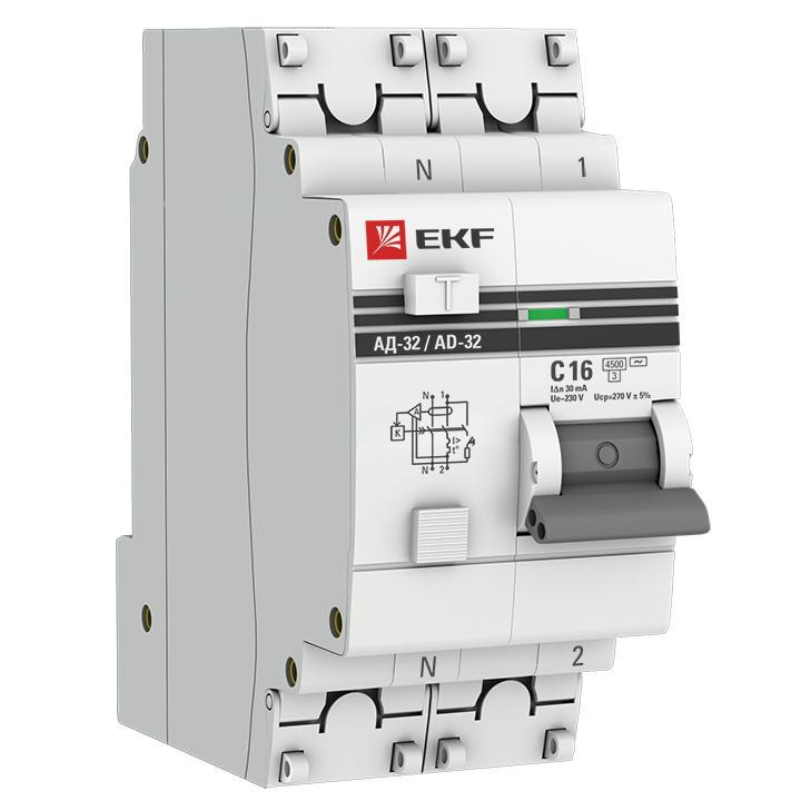 Дифференциальный автомат АД-32 1P+N 16А/30мА (хар. C, AC, электронный, защита 270В) 4.5кА EKF PROxim - фото 1 - id-p210274764