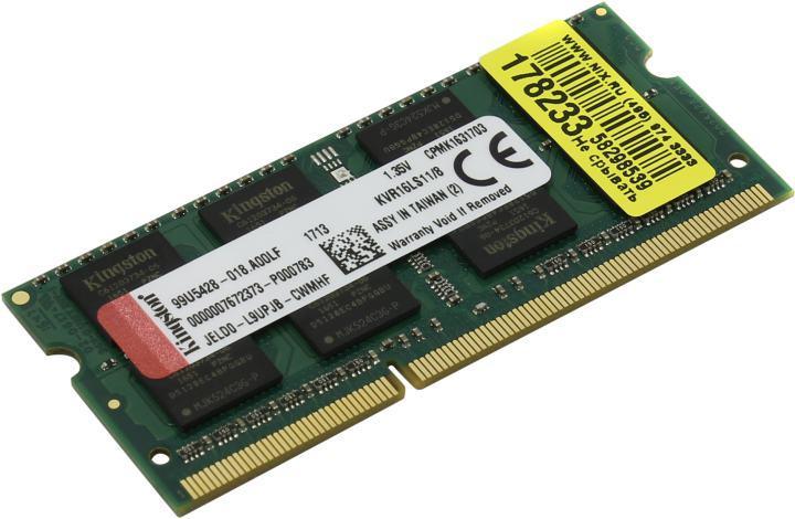 Оперативная память Kingston ValueRAM KVR16LS11/8(WP) DDR3 SODIMM 8Gb PC3-12800 CL11 (for NoteBook) - фото 1 - id-p203918642