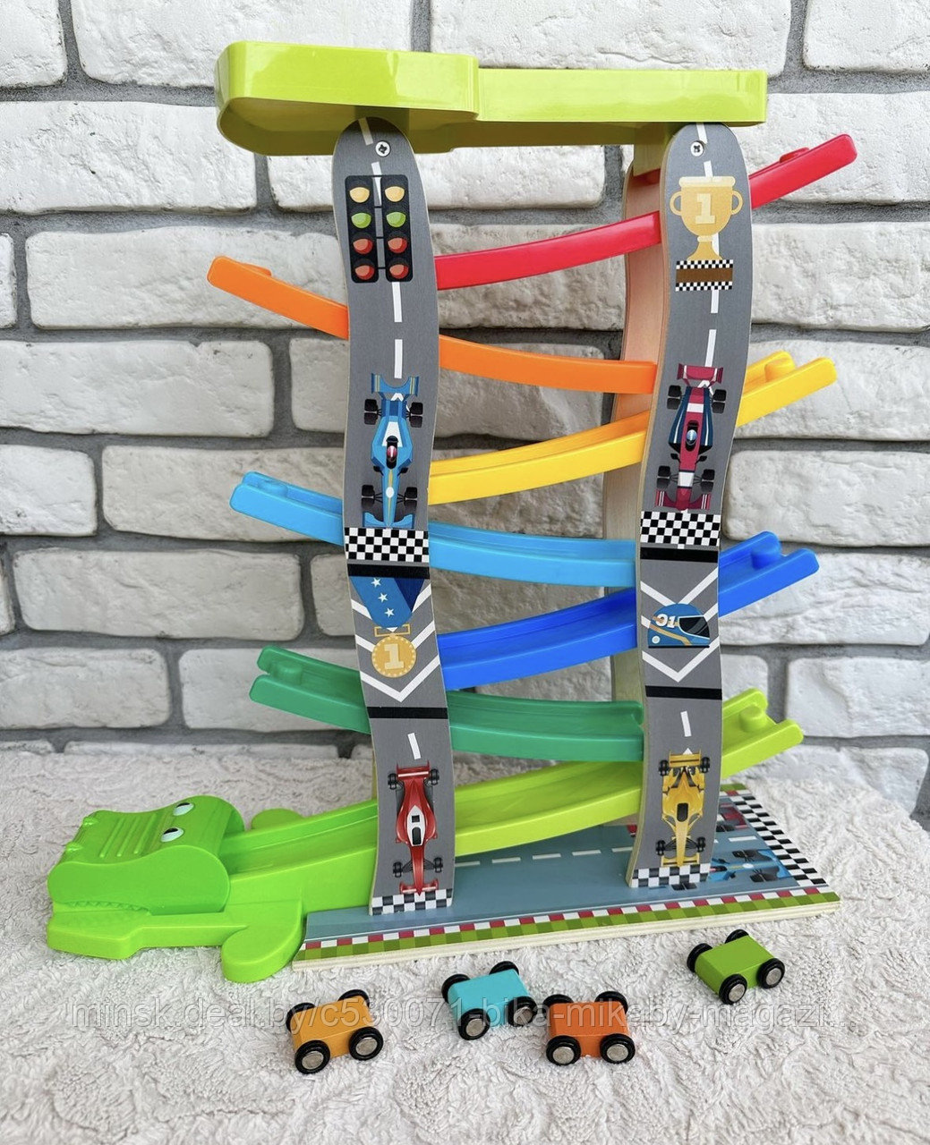Детская деревянная игрушка «Автотрек спуск» с 4 машинками - фото 1 - id-p210295977