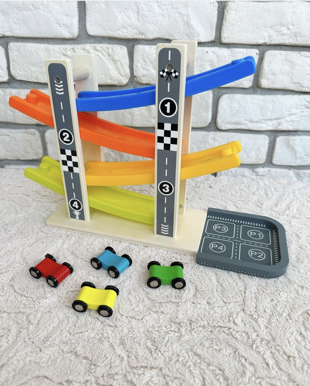 Детская деревянная игрушка «Автотрек спуск» с 4 машинками 4 уровня - фото 1 - id-p210296005