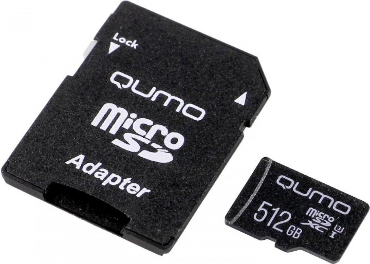 Карта памяти Qumo QM512GMICSDXC10U3 microSDXC 512Gb Class10 UHS-I U3 + microSD-- SD Adapter - фото 1 - id-p204487659