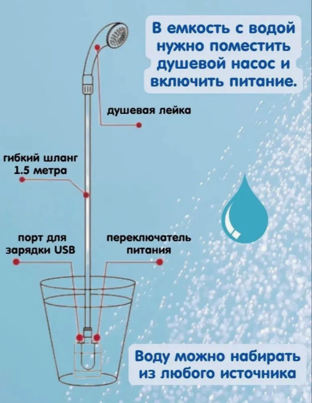 Походный переносной душ Portable Outdoor Shower с акуммулятором и зарядкой от USB - фото 7 - id-p210300634