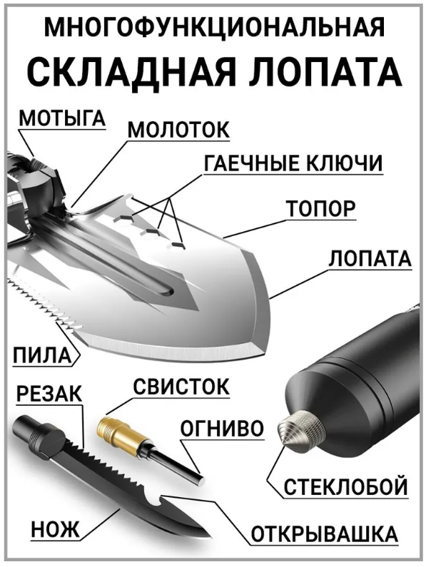 Многофункциональная складная лопата / Лопата - мультитул 12в1 - фото 3 - id-p210300641